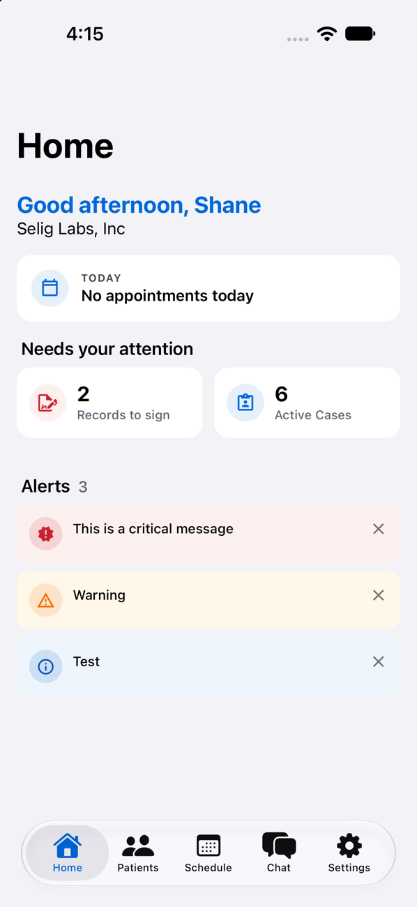 The Home screen: today's appointments, records to sign, active cases and alerts