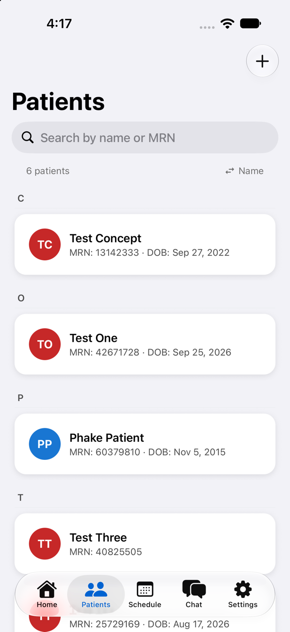 The Patients screen: an alphabetical list with medical record numbers and dates of birth