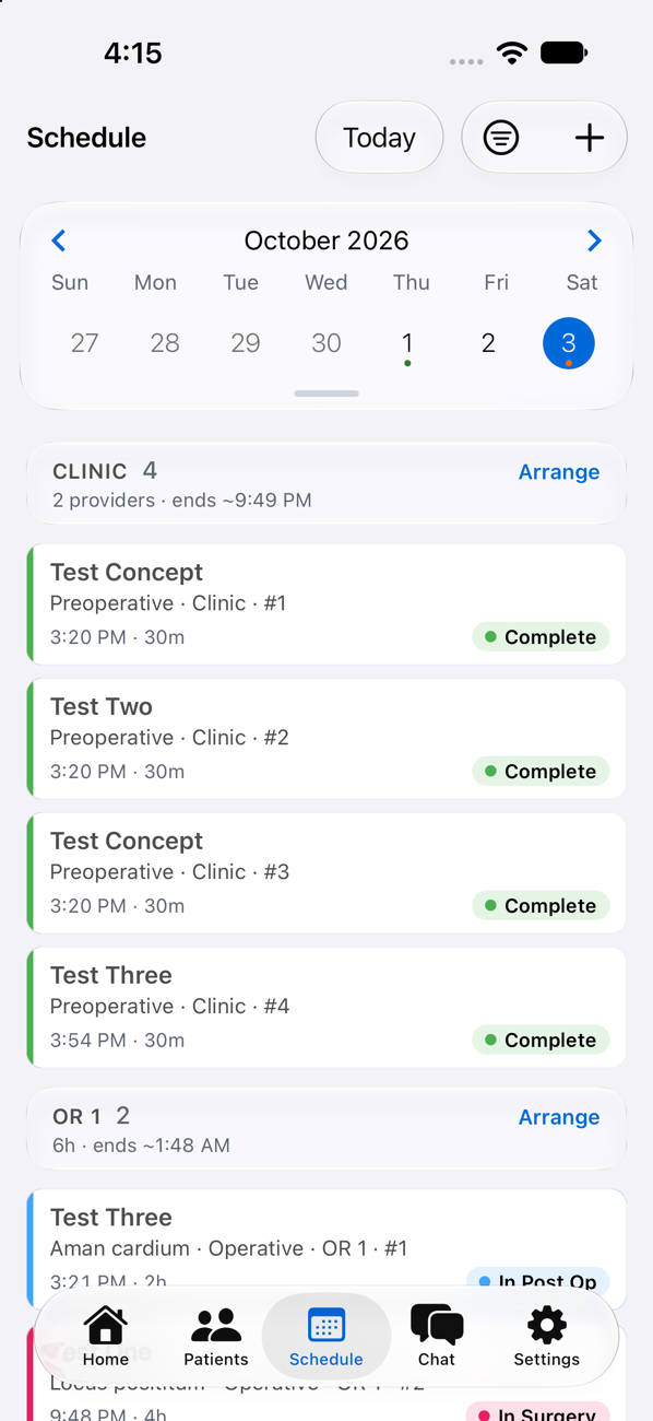 The Schedule screen: a clinic day's cases listed by room with start times and status